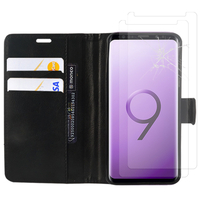 Samsung Galaxy S9+/ S9 Plus 6.2": Etui Coque Housse Pochette Accessoires portefeuille support video cuir PU - NOIR + 2 Films de protection d'écran Verre Trempé