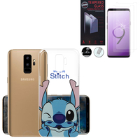 Samsung Galaxy S9+/ S9 Plus 6.2": Coque Housse silicone TPU Transparente Ultra-Fine Dessin animé jolie - Stitch + 2 Films de protection d'écran Verre Trempé