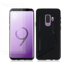Samsung Galaxy S9+/ S9 Plus 6.2": Coque Etui Housse Pochette Accessoires Silicone Gel motif S-Line - NOIR + 2 Films de protection d'écran Verre Trempé