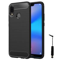 Huawei P20 Lite/ Nova 3e 5.84" (non compatible Huawei P20/ P20 Pro): Coque Housse Silicone Souple en Fibre de Carbone Brossé motif TPU Case + mini Stylet - NOIR