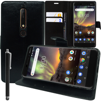 Nokia 6 (2018)/ Nokia 6.1 5.5" (non compatible Nokia 6 (2017)): Accessoire Etui portefeuille Livre Housse Coque Pochette support vidéo cuir PU + Stylet - NOIR