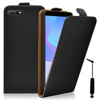 Huawei Y6 (2018) 5.7" (non compatible Huawei Y6 (2017) 5.0"): Accessoire Housse Coque Pochette Etui protection vrai cuir à rabat vertical + mini Stylet - NOIR