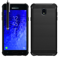 Samsung Galaxy J7 (2018) 5.5" (non compatible Galaxy J7 Version 2015/ 2016/ 2017): Coque Housse Silicone Souple en Fibre de Carbone Brossé motif TPU Case + Stylet - NOIR