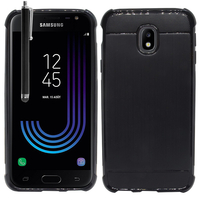 Samsung Galaxy J3 (2017) J330F/DS/ J330G/DS/ J3 Pro (2017) (non compatible Galaxy J3 2016/ 2015): Coque Housse Silicone Souple en Fibre de Carbone Brossé motif TPU Case + Stylet - NOIR