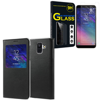 Samsung Galaxy A6 (2018) 5.6"/ A6 2018 Dual SIM (non compatible Galaxy A6+/ A6 Plus (2018) 6.0"): Etui View Case Flip Folio Leather cover - NOIR + 1 Film de protection d'écran Verre Trempé