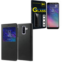 Samsung Galaxy A6+/ A6 Plus (2018) 6.0"/ Galaxy A9 Star Lite (non compatible Galaxy A6 (2018) 5.6"): Etui View Case Flip Folio Leather cover - NOIR + 1 Film de protection d'écran Verre Trempé