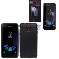 Samsung Galaxy J3 (2017) J330F/DS/ J330G/DS/ J3 Pro (2017): Coque Housse Silicone Souple en Fibre de Carbone Brossé motif TPU Case - NOIR + 1 Film de protection d'écran Verre Trempé