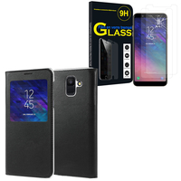 Samsung Galaxy A6 (2018) 5.6"/ A6 2018 Dual SIM (non compatible Galaxy A6+/ A6 Plus (2018) 6.0"): Etui View Case Flip Folio Leather cover - NOIR + 2 Films de protection d'écran Verre Trempé