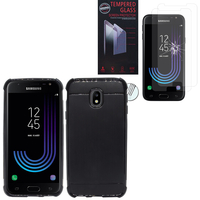 Samsung Galaxy J3 (2017) J330F/DS/ J330G/DS/ J3 Pro (2017): Coque Housse Silicone Souple en Fibre de Carbone Brossé motif TPU Case - NOIR + 2 Films de protection d'écran Verre Trempé