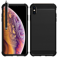 Apple iPhone XS Max (2018) 6.5" A1921 A2104 (non compatible iPhone XS 5.8"): Coque Housse Silicone Souple en Fibre de Carbone Brossé motif TPU Case + Stylet - NOIR