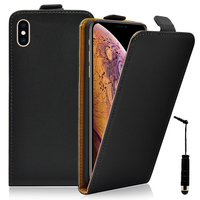 Apple iPhone XS Max (2018) 6.5" A1921 A2104 (non compatible iPhone XS 5.8"): Accessoire Housse Coque Pochette Etui protection vrai cuir à rabat vertical + mini Stylet - NOIR
