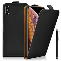 Apple iPhone XS Max (2018) 6.5" A1921 A2104 (non compatible iPhone XS 5.8"): Accessoire Housse Coque Pochette Etui protection vrai cuir à rabat vertical + Stylet - NOIR