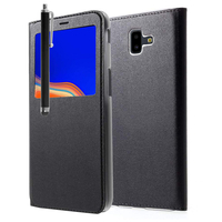 Samsung Galaxy J6+/ J6 Plus (2018) 6.0" (non compatible Galaxy J6 (2018) 5.6") [Les Dimensions EXACTES du telephone: 161.4 x 76.9 x 7.9 mm]: Etui View Case Flip Folio Leather cover + Stylet - NOIR
