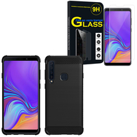 Samsung Galaxy A9 (2018) 6.3" SM-A920F/ Galaxy A9S/ A9 Star Pro: Coque Housse Silicone Souple en Fibre de Carbone Brossé motif TPU Case - NOIR + 1 Film de protection d'écran Verre Trempé