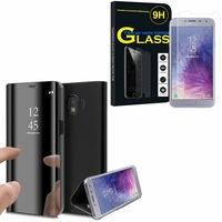 Samsung Galaxy J4 (2018) 5.5" J400F/DS J400G/DS: Clear View Housse Etui Flip Folio Support Vidéo Effet Mirroir - NOIR + 1 Film de protection d'écran Verre Trempé