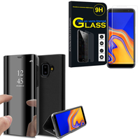 Samsung Galaxy J6+/ J6 Plus (2018) 6.0": Clear View Housse Etui Flip Folio Support Vidéo Effet Mirroir - NOIR + 1 Film de protection d'écran Verre Trempé