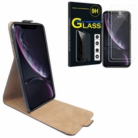 Apple iPhone XR (2018) 6.1" A1984: Etui Coque Housse Pochette Accessoires cuir slim ultra fine - NOIR + 2 Films de protection d'écran Verre Trempé