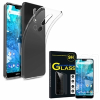 Nokia 7.1 (2018) 5.84": Etui Housse Pochette Accessoires Coque gel UltraSlim - TRANSPARENT + 2 Films de protection d'écran Verre Trempé