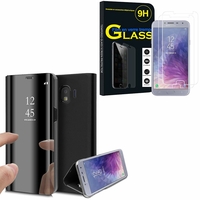 Samsung Galaxy J4 (2018) 5.5" J400F/DS J400G/DS: Clear View Housse Etui Flip Folio Support Vidéo Effet Mirroir - NOIR + 2 Films de protection d'écran Verre Trempé