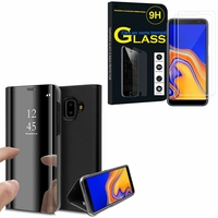 Samsung Galaxy J6+/ J6 Plus (2018) 6.0": Clear View Housse Etui Flip Folio Support Vidéo Effet Mirroir - NOIR + 2 Films de protection d'écran Verre Trempé