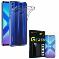 Huawei Honor 8X 6.5": Etui Housse Pochette Accessoires Coque gel UltraSlim - TRANSPARENT + 3 Films de protection d'écran Verre Trempé