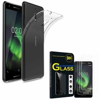 Nokia 2.1 (2018) 5.5": Etui Housse Pochette Accessoires Coque gel UltraSlim - TRANSPARENT + 3 Films de protection d'écran Verre Trempé