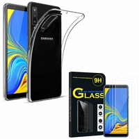Samsung Galaxy A7 (2018) 6.0" SM-A750F: Etui Housse Pochette Accessoires Coque gel UltraSlim - TRANSPARENT + 3 Films de protection d'écran Verre Trempé