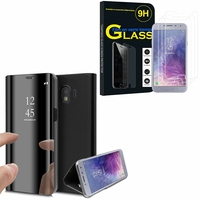 Samsung Galaxy J4 (2018) 5.5" J400F/DS J400G/DS: Clear View Housse Etui Flip Folio Support Vidéo Effet Mirroir - NOIR + 3 Films de protection d'écran Verre Trempé