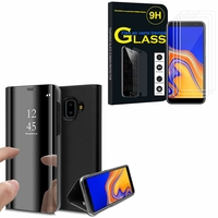 Samsung Galaxy J6+/ J6 Plus (2018) 6.0": Clear View Housse Etui Flip Folio Support Vidéo Effet Mirroir - NOIR + 3 Films de protection d'écran Verre Trempé