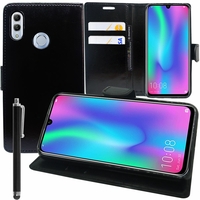 Huawei Honor 10 Lite 6.21" HRY-AL00/ HRY-AL00a/ HRY-TL00 (non compatible Huawei Honor 10 5.84"): Accessoire Etui portefeuille Livre Housse Coque Pochette support vidéo cuir PU + Stylet - NOIR