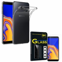 Samsung Galaxy J4 Core (2018) 6.0": Etui Housse Pochette Accessoires Coque gel UltraSlim - TRANSPARENT + 2 Films de protection d'écran Verre Trempé
