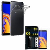 Samsung Galaxy J4+/ J4 Plus (2018) 6.0": Etui Housse Pochette Accessoires Coque gel UltraSlim - TRANSPARENT + 3 Films de protection d'écran Verre Trempé