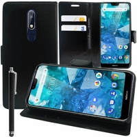 Nokia 7.1 (2018) 5.84" (non compatible Nokia 7.1 Plus 6.18"/ Nokia 7 5.2") [Les Dimensions EXACTES du telephone: 149.7 x 71.2 x 8 mm]: Accessoire Etui portefeuille Livre Housse Coque Pochette support vidéo cuir PU + Stylet - NOIR