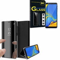 Samsung Galaxy A7 (2018) 6.0" SM-A750F: Clear View Housse Etui Flip Folio Support Vidéo Effet Mirroir - NOIR + 1 Film de protection d'écran Verre Trempé