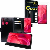 Huawei Nova 4 6.4" VCE-AL00/ VCE-TL00: Etui Coque Housse Pochette Accessoires portefeuille support video cuir PU - NOIR + 2 Films de protection d'écran Verre Trempé