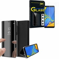 Samsung Galaxy A7 (2018) 6.0" SM-A750F: Clear View Housse Etui Flip Folio Support Vidéo Effet Mirroir - NOIR + 3 Films de protection d'écran Verre Trempé