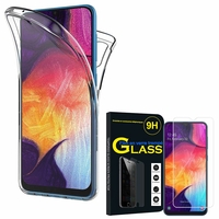 Samsung Galaxy A50 SM-A505F 6.4": Coque Housse Silicone Gel TRANSPARENTE ultra mince 360° protection intégrale Avant et Arrière - TRANSPARENT + 1 Film de protection d'écran Verre Trempé