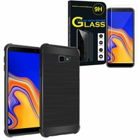 Samsung Galaxy J4+/ J4 Plus (2018) 6.0": Coque Housse Silicone Souple en Fibre de Carbone Brossé motif TPU Case - NOIR + 1 Film de protection d'écran Verre Trempé