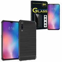 Xiaomi Mi 9 Explorer/ Mi9 Explorer 6.39": Coque Housse Silicone Souple en Fibre de Carbone Brossé motif TPU Case - NOIR + 1 Film de protection d'écran Verre Trempé