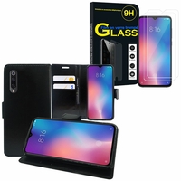 Xiaomi Mi 9 Explorer/ Mi9 Explorer 6.39": Etui Coque Housse Pochette Accessoires portefeuille support video cuir PU - NOIR + 2 Films de protection d'écran Verre Trempé