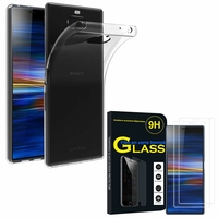 Sony Xperia 10 Plus 6.5" I3213 I4213 I4293 I3223: Etui Housse Pochette Accessoires Coque gel UltraSlim - TRANSPARENT + 2 Films de protection d'écran Verre Trempé
