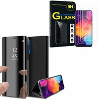 Samsung Galaxy A50 SM-A505F 6.4": Clear View Housse Etui Flip Folio Support Vidéo Effet Mirroir - NOIR + 3 Films de protection d'écran Verre Trempé