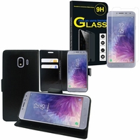 Samsung Galaxy J4 (2018) 5.5" J400F/DS J400G/DS: Etui Coque Housse Pochette Accessoires portefeuille support video cuir PU - NOIR + 1 Film de protection d'écran Verre Trempé