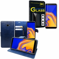 Samsung Galaxy J4 Core (2018) 6.0": Etui Coque Housse Pochette Accessoires portefeuille support video cuir PU - BLEU FONCE + 1 Film de protection d'écran Verre Trempé