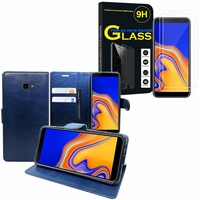 Samsung Galaxy J4+/ J4 Plus (2018) 6.0": Etui Coque Housse Pochette Accessoires portefeuille support video cuir PU - BLEU FONCE + 2 Films de protection d'écran Verre Trempé