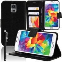 Samsung Galaxy S5 V G900F G900IKSMATW LTE G901F/ Duos / S5 Plus/ S5 Neo SM-G903F/ S5 LTE-A G906S: Accessoire Etui portefeuille Livre Housse Coque Pochette support vidéo cuir PU + Stylet - NOIR