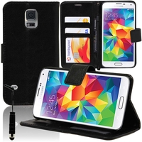 Samsung Galaxy S5 V G900F G900IKSMATW LTE G901F/ Duos / S5 Plus/ S5 Neo SM-G903F/ S5 LTE-A G906S: Accessoire Etui portefeuille Livre Housse Coque Pochette support vidéo cuir PU + mini Stylet - NOIR