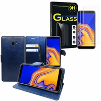 Samsung Galaxy J4+/ J4 Plus (2018) 6.0": Etui Coque Housse Pochette Accessoires portefeuille support video cuir PU - BLEU FONCE + 3 Films de protection d'écran Verre Trempé