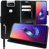 Asus Zenfone 6 ZS630KL 6.4"/ Zenfone 6z/ Zenfone 6 2019/ ASUS_I01WD: Accessoire Etui portefeuille Livre Housse Coque Pochette support vidéo cuir PU + Stylet - NOIR