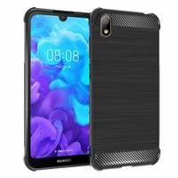 Huawei Y5 (2019) 5.71" AMN-LX1/ AMN-LX2/ AMN-LX3/ AMN-LX9 [Les Dimensions EXACTES du telephone: 147.1 x 70.8 x 8.5 mm]: Coque Housse Silicone Souple en Fibre de Carbone Brossé motif TPU Case - NOIR